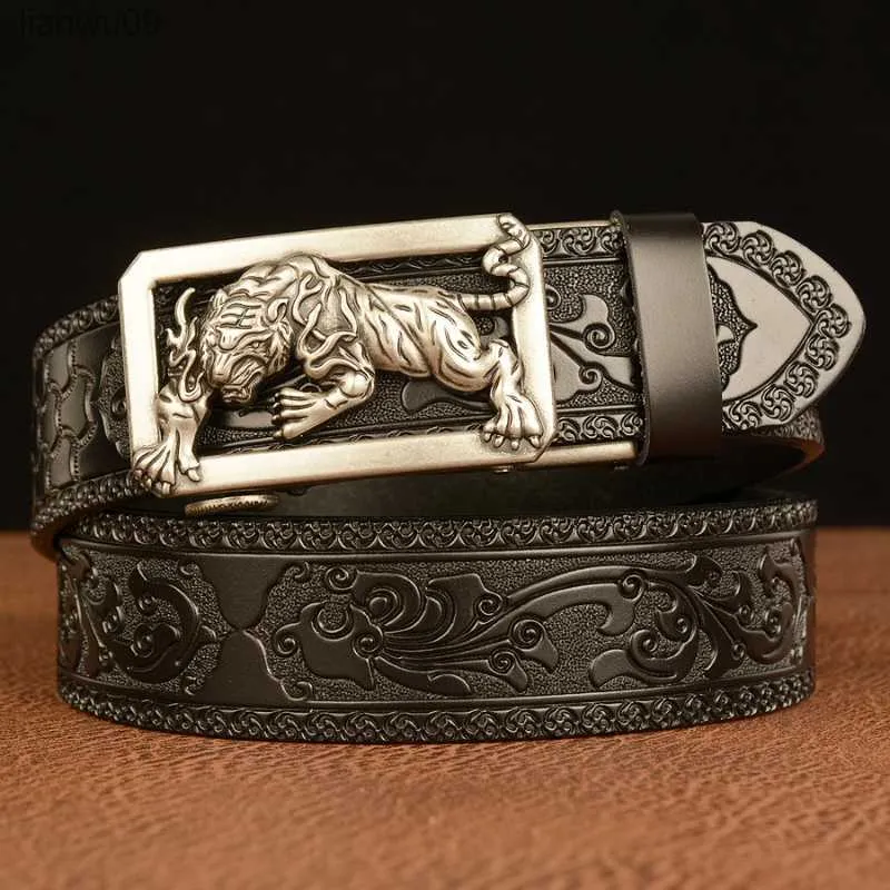 Fashion Tigger Buckle with Tang Grass Pattern Leather Belt for Men Work of Art Belt Automatic Buckle Business Belt Metal Buckle L230704