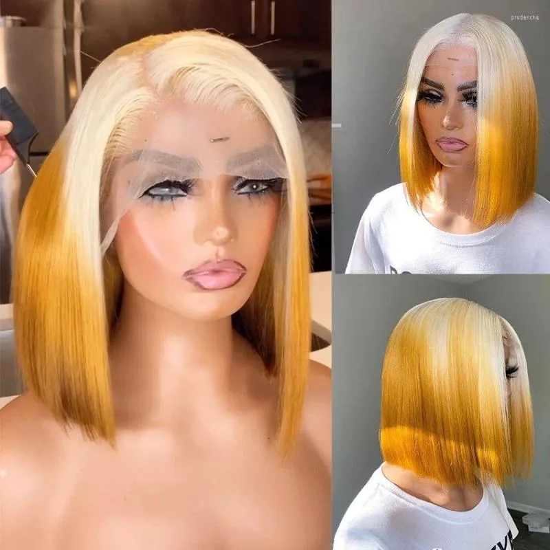 Ombre Yellow Wig Blonde Lace Front Human Hair Wigs 613 Short Bob Closure For Woman Pre Plucked Brazilian