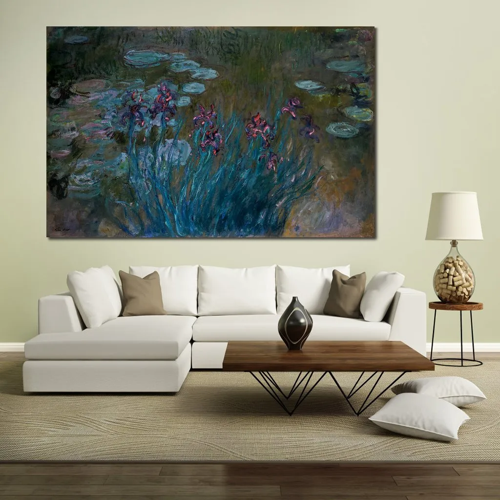 Handgemaakte Canvas Art Claude Monet Schilderij Irissen en Waterlelies Dorp Landschap Kunstwerk Badkamer Decor