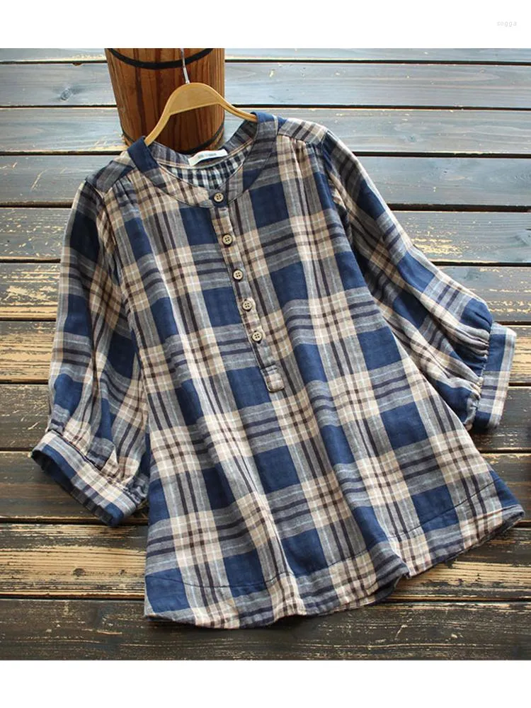 Kvinnors blusar 4 färger - Lamtrip Retro Plaid Soft Cotton Yarn Short Lantern Sleeve Stand Collar Shirt Top Mori Girl 2023 Summer