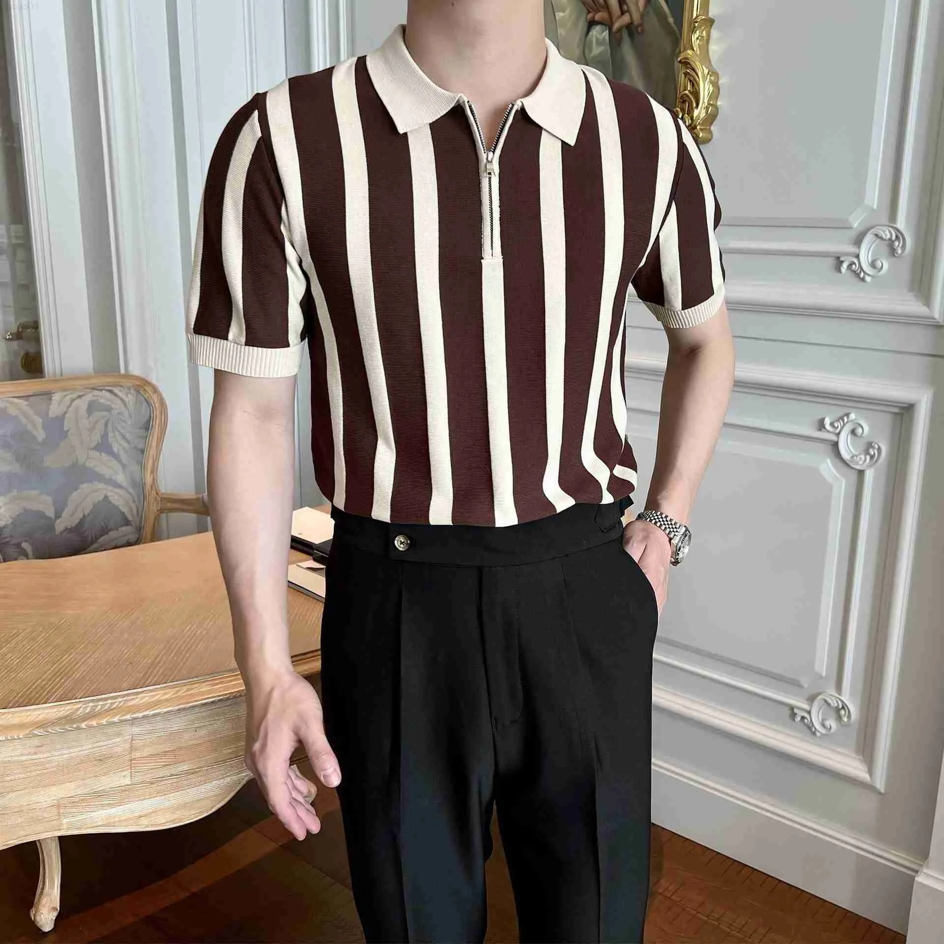 Men's T-Shirts Summer Knitting Polo Shirt Men Casual Short Sleeve Turn-down Collar Zipper Vintage Stripe Slim Tops Ice Silk Knitwear T-shirts L230715