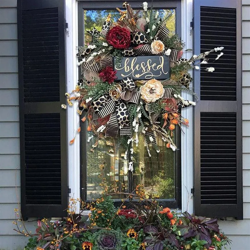 Dekoracyjne wienień z kwiatów w wieniec przez cały rok drzwi przednie realistyczne girlandowe domowe dekoracja wakacyjna A1224C