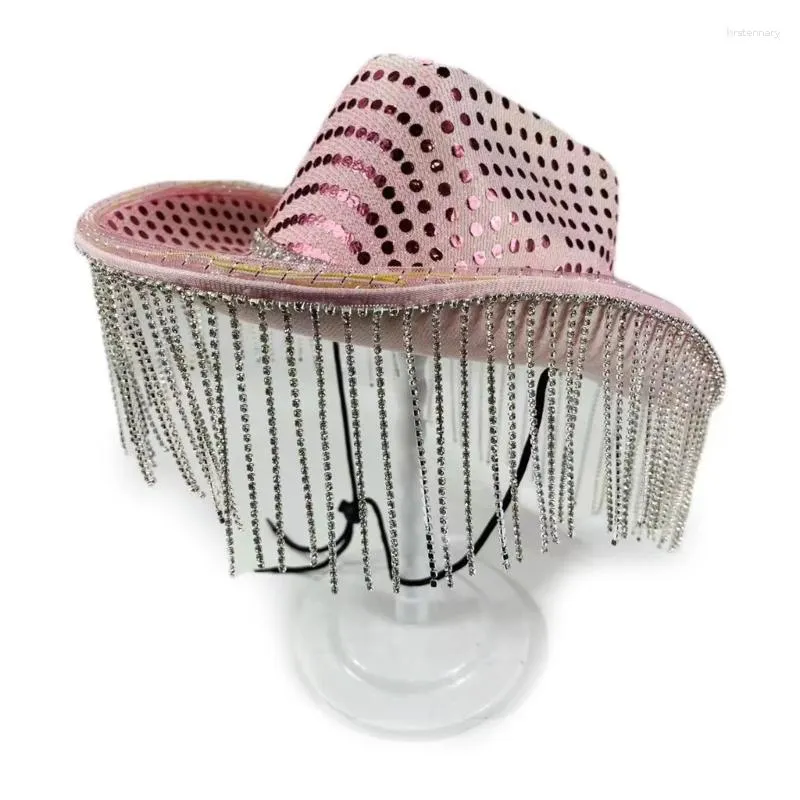 Berets Cowboy Hat With Sequins Glowing Tassels Shining String Lights Versatile For Street Club Bar Party