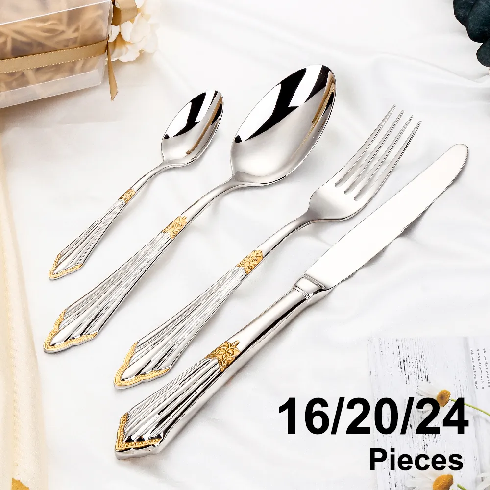 Ensembles de vaisselle 162024Pcs Ensemble de couverts en or Vaisselle en acier inoxydable Ustensiles de cuisine Dîner de luxe Ruban Couteau Fourchette Cuillère 230714