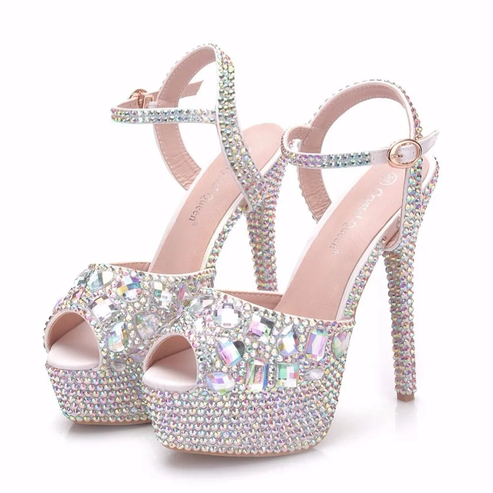 Сандальцы Crystal Queen Diamond Women Super High Heels Wedding Numps 14 см. Peep Shoes Platform 4CM Красочное шпилька 230714