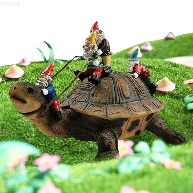 Décorations de jardin Nain de jardin Statue de tortue à cheval assis sur la statue de nain de tortue Yard Art Résine Figurine Décorations Tortue Nain Jardin L230715