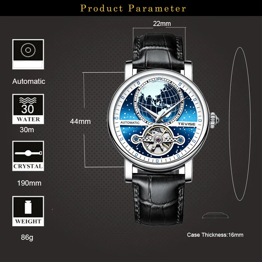 TEVISE Automatic Luxury Sport Mechanical Tourneau Watches With