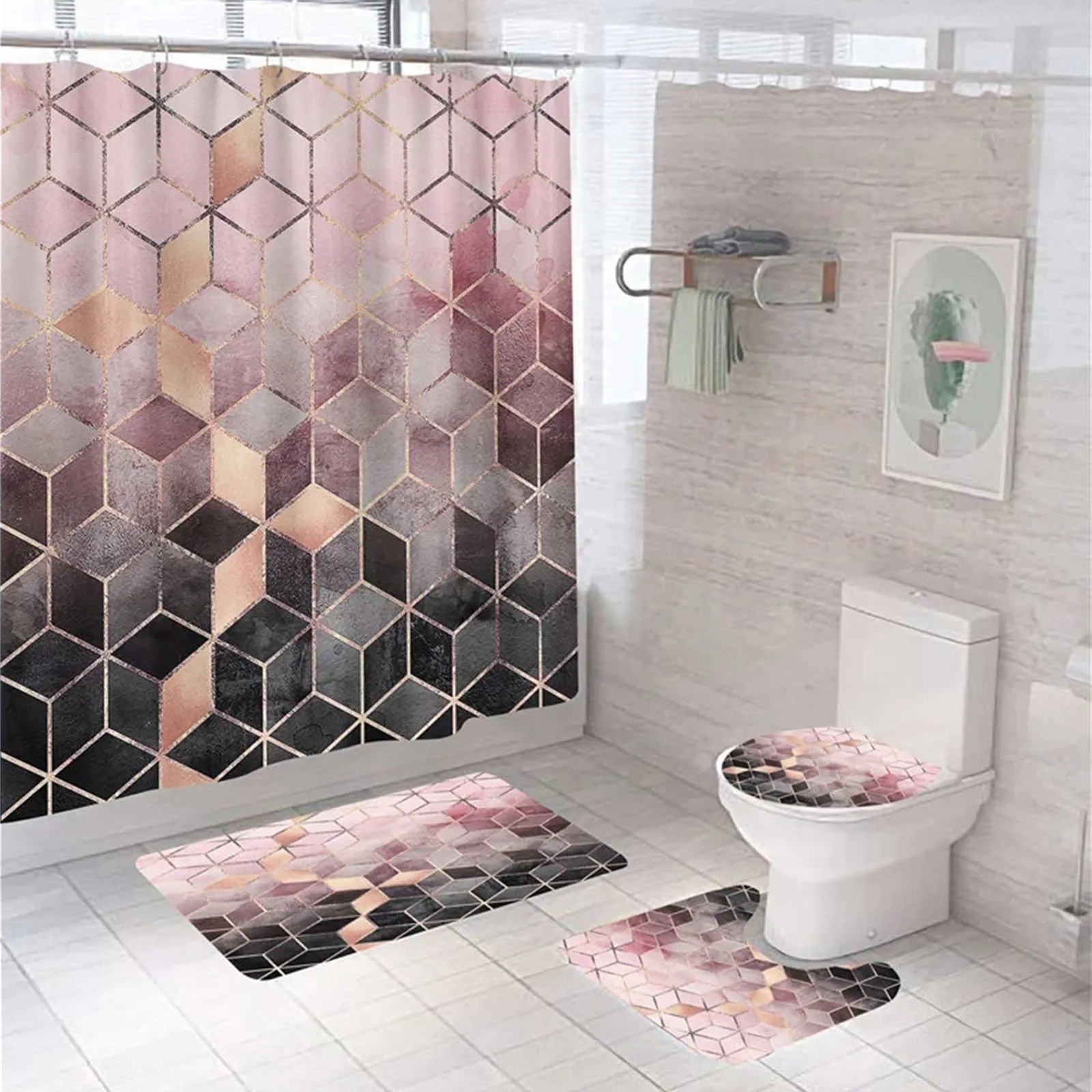 Douche Geometrische Marmeren Print Douchegordijn Badmat Set Zacht Tapijt Antislip Tapijt Wc Deksel Cover Badkamer Gordijn Modern Home Decor