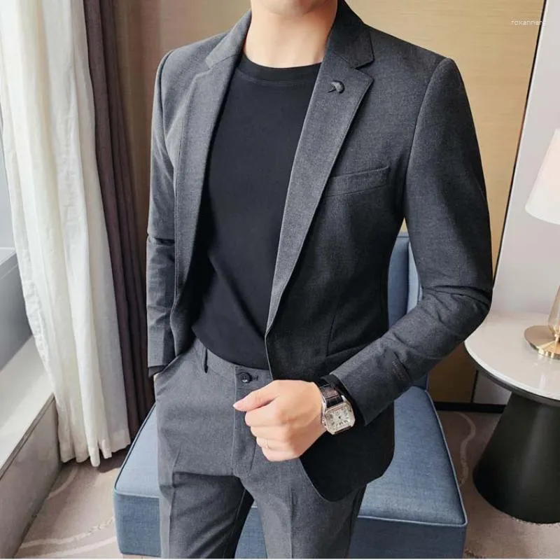 Costumes pour hommes (veste pantalon) mode couleur Pure loisirs gris bleu noir Slim Fit hommes affaires Banquet costume ensemble grande taille S- 4XL