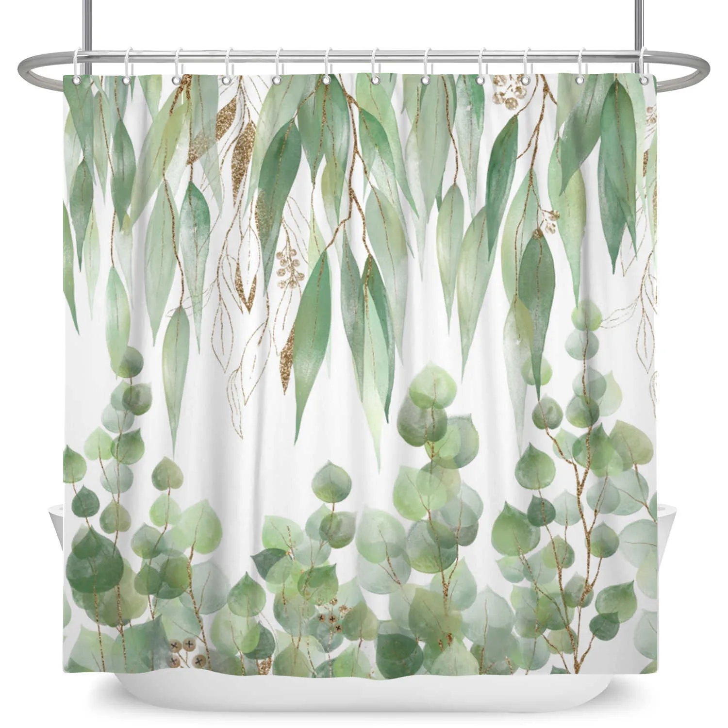 Cortinas de chuveiro com folhas verdes tropicais, cortina de chuveiro em tulipa, cortina romântica refrescante de poliéster à prova d'água para banheiro