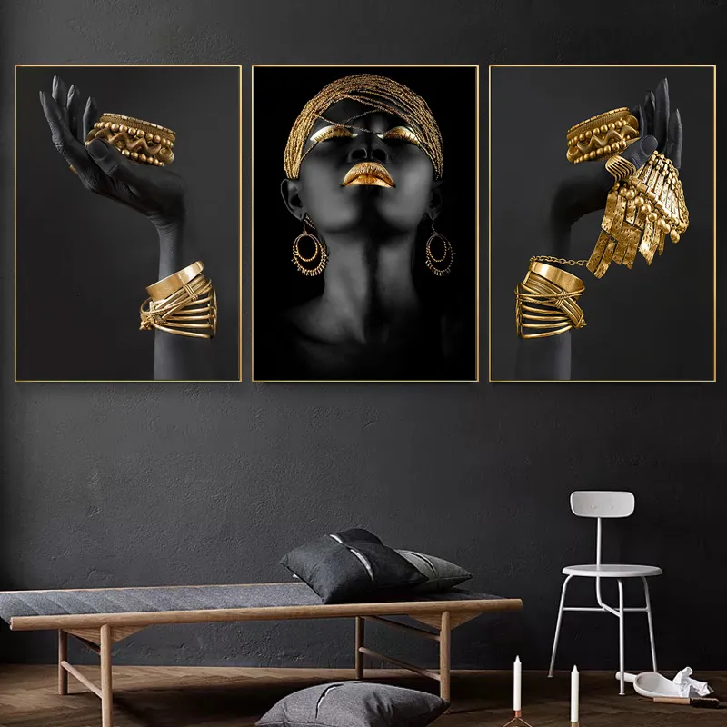 Dipinti Donna africana Pittura murale Arte Poster e stampe Donna nera con gioielli in oro Immagine su tela per soggiorno Decor 230714