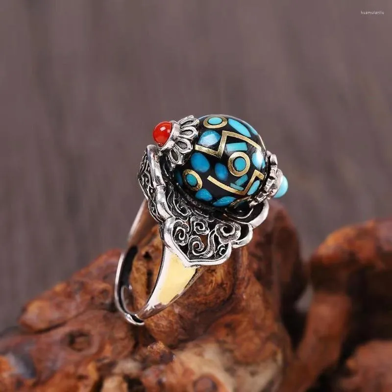 Cluster Rings YS Retro Old Incrusted Turquoise Magnolia Bead Six-character Truth Ring Original Design Opening