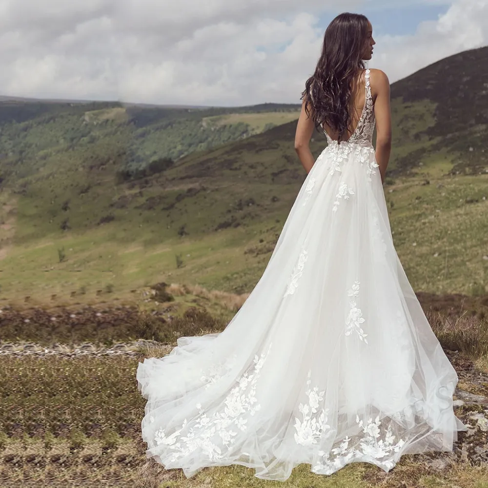 Lace Applique Line A Wedding Dr with Backl Design, V-Neckline, Ribb Belt, and Sweep Train