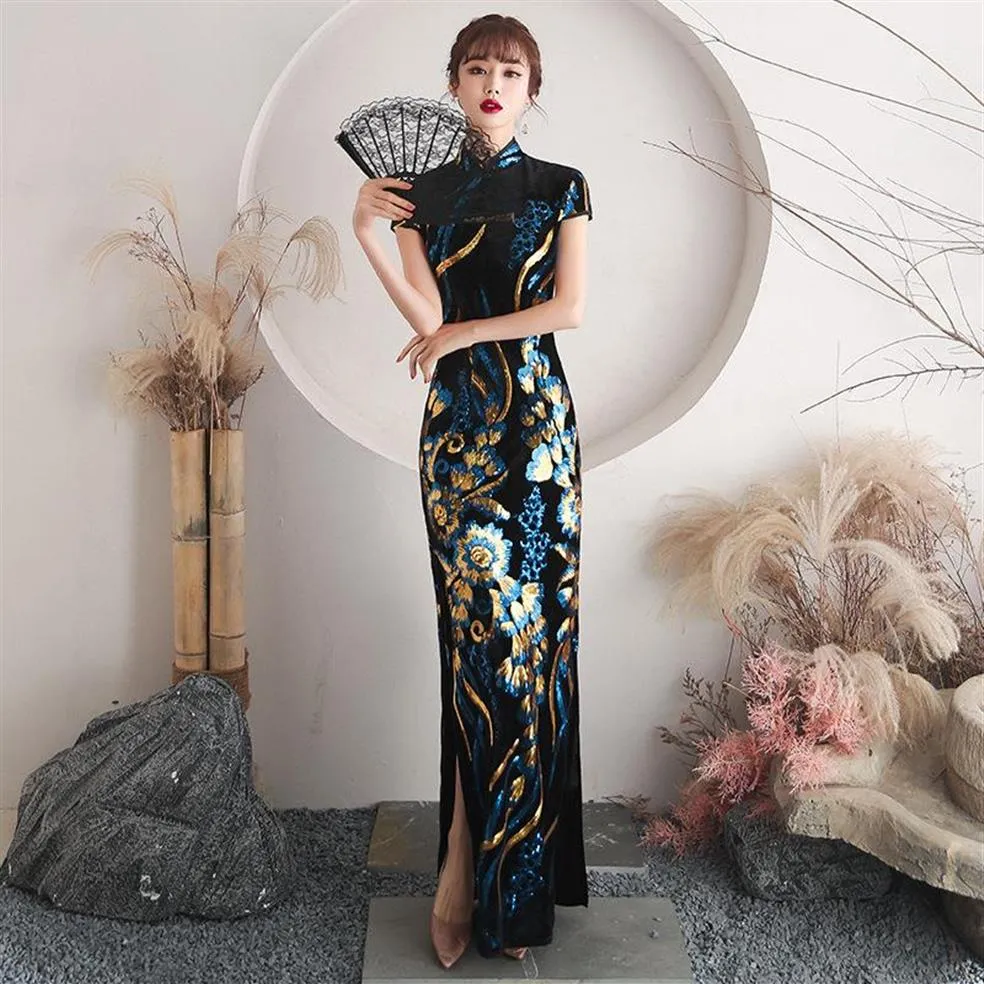 Etniska kläder Blue Slim Long Cheongsam bling paljetter Kinesisk klänning Kort ärm STAGE SHOW Femme Elegant Qipao Retro Party S-5XL221Q