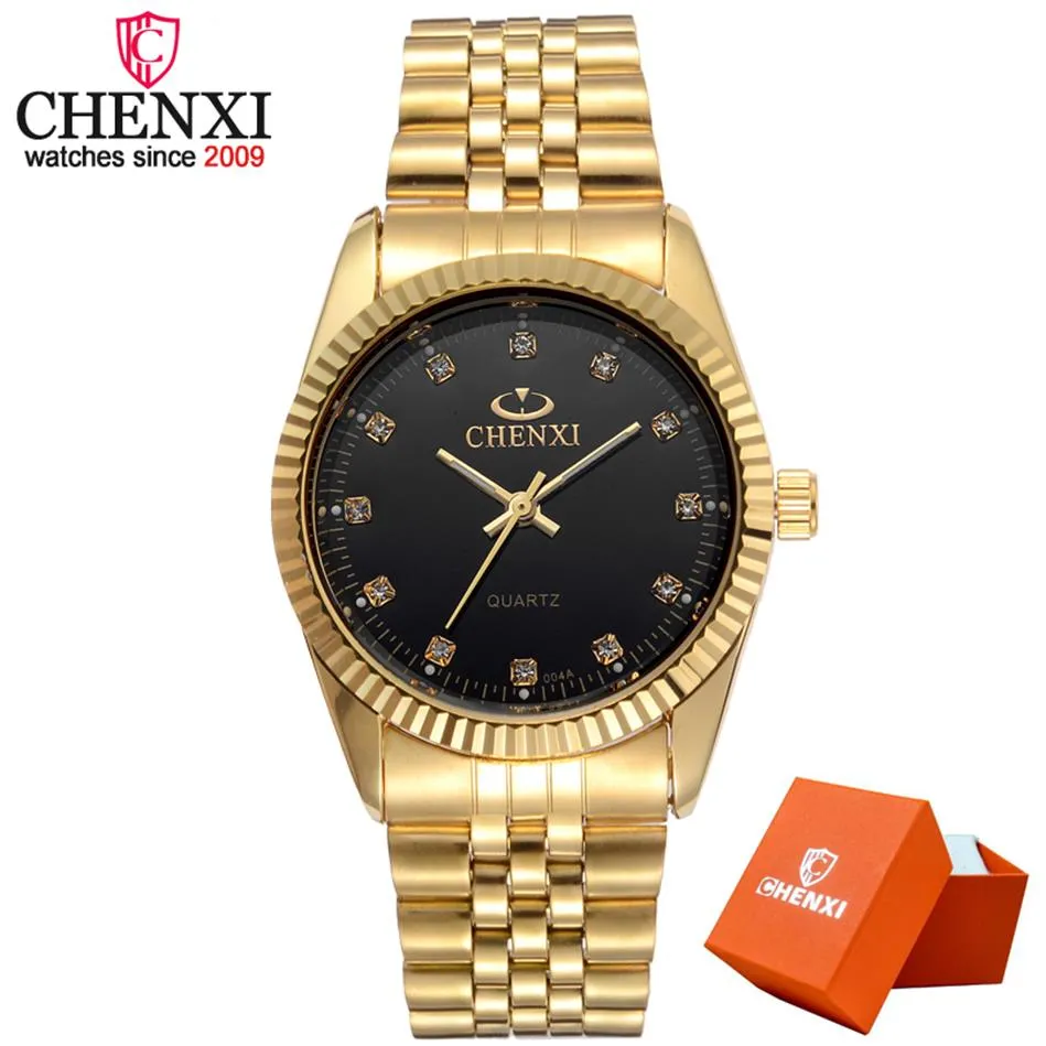 CHENXI Mannen Mode Horloge Vrouwen Quartz Horloges Luxe Gouden Roestvrij Staal Horloge Liefhebbers Jurk Klok in Doos Gift1848