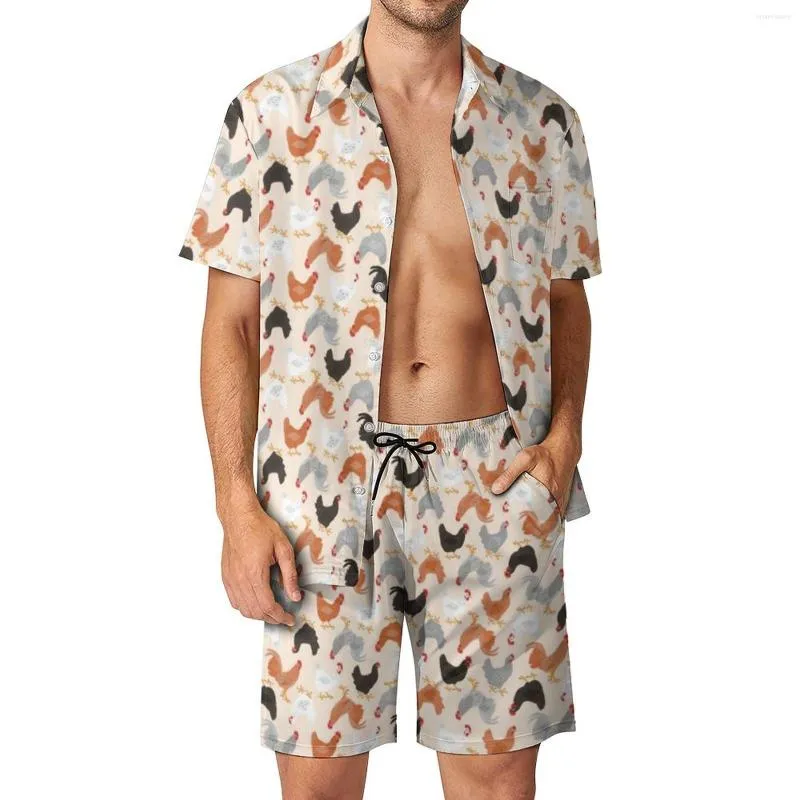 Men's Tracksuits Farm Animal Print Men Sets Cute Chickens Casual Shorts Retro Fitness Outdoor Shirt Set Short-Sleeve Pattern Oversized Suit