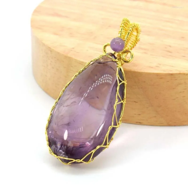 Pendant Necklaces KFT Different Size Natural Amethyst Crystal Quartz Water Drop Yellow Gold Color Wire Wrapped Stone Jewelry For Women Men