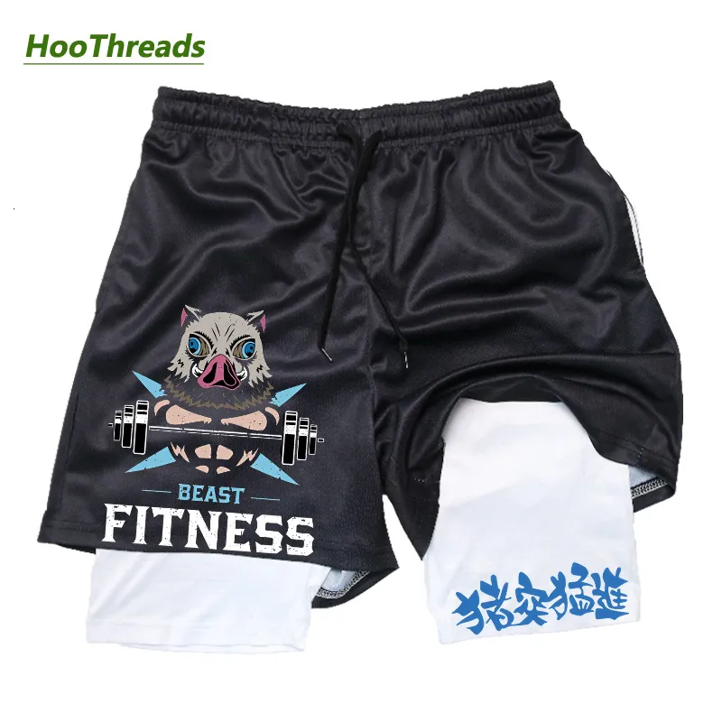 Shorts pour hommes Shorts de sport athlétiques 2 en 1 pour hommes Anime Inosuke Print Shorts actifs extensibles à séchage rapide avec poches Fitness Workout Running 230714