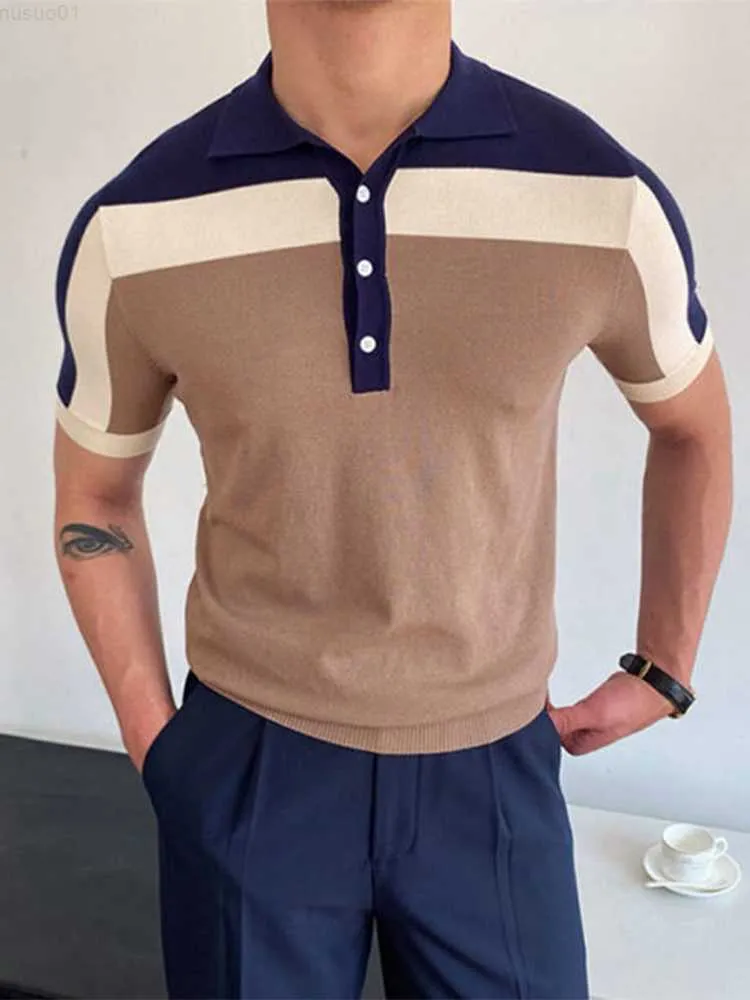 Men's T-Shirts Fashion Patchwork Men Polo Shirts Knitted Short Sleeve Slim Tops Pullover 2022 Spring Summer Men's Casual Turndown Collar Polos L230715