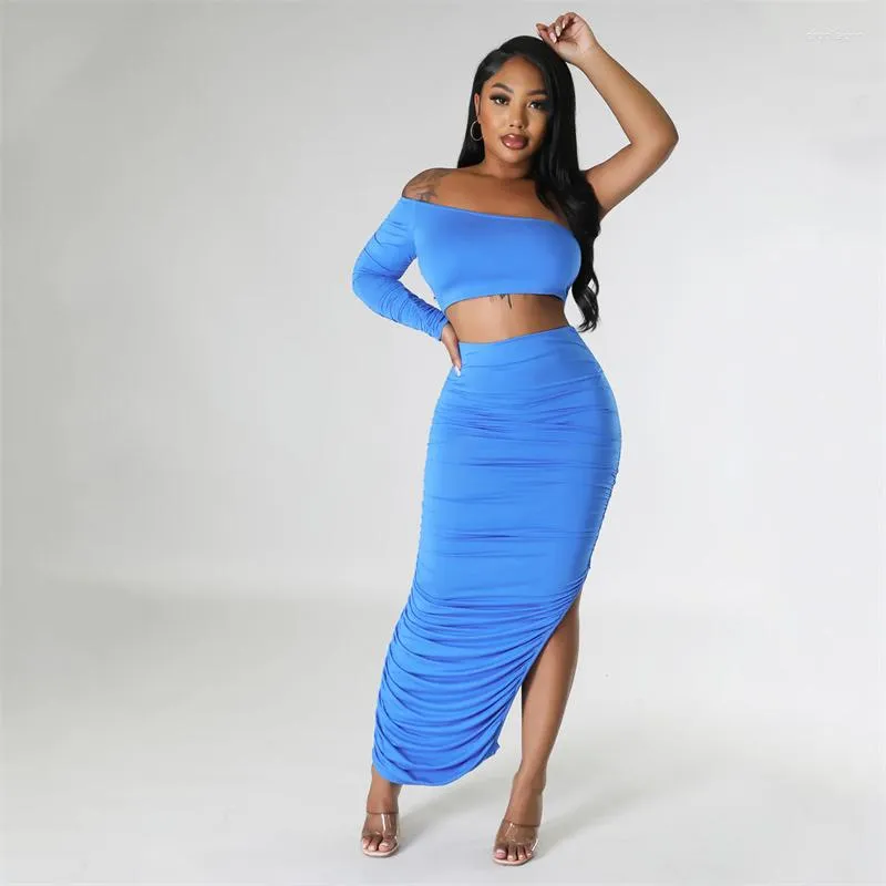 Work Dresses Znaiml Clubwear One Shoulder Crop Top And Side Slit Ruched Long Skirt Elegant Festival Outfits For Women Maxi 2 Piece Dress