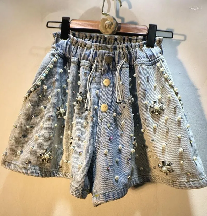 Kvinnors jeans 2023 vår sommar kvinnor denim shorts diamant pärla löst breda ben byxor streetwear casual kvinnlig kort