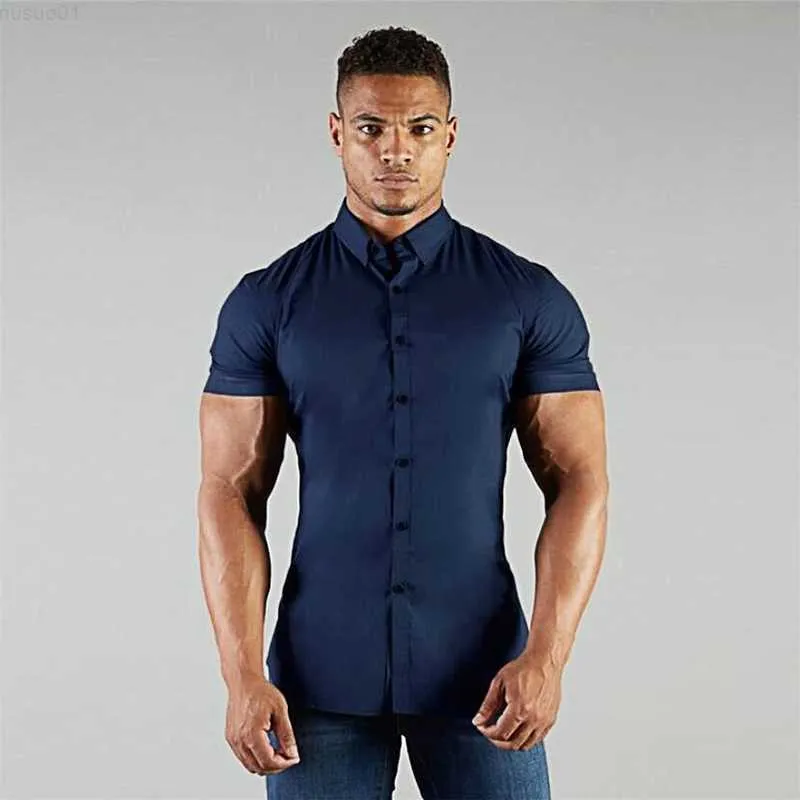 Camisetas masculinas Camisa de corrida Roupa de ginástica masculina Camisa de negócios de verão Manga curta Camisa de gola aberta Super slim fit Camisa social L230715