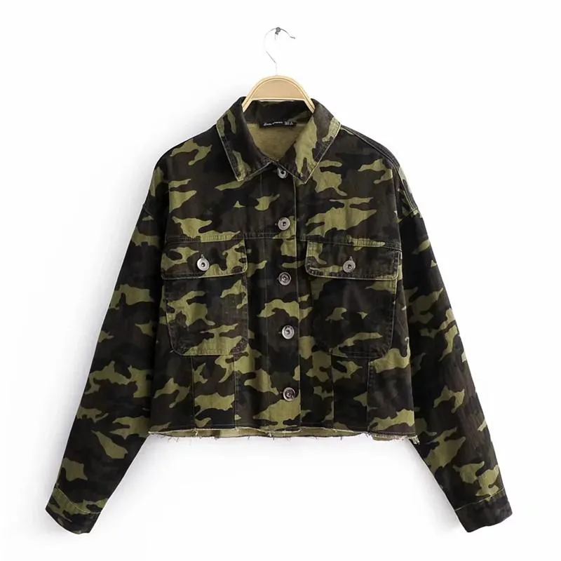 Parkas 2019 kvinnor mode camo tryck kort denim jacka kvinnlig höst streetwear långärmad armé gröna kontor kläder jackor outwear