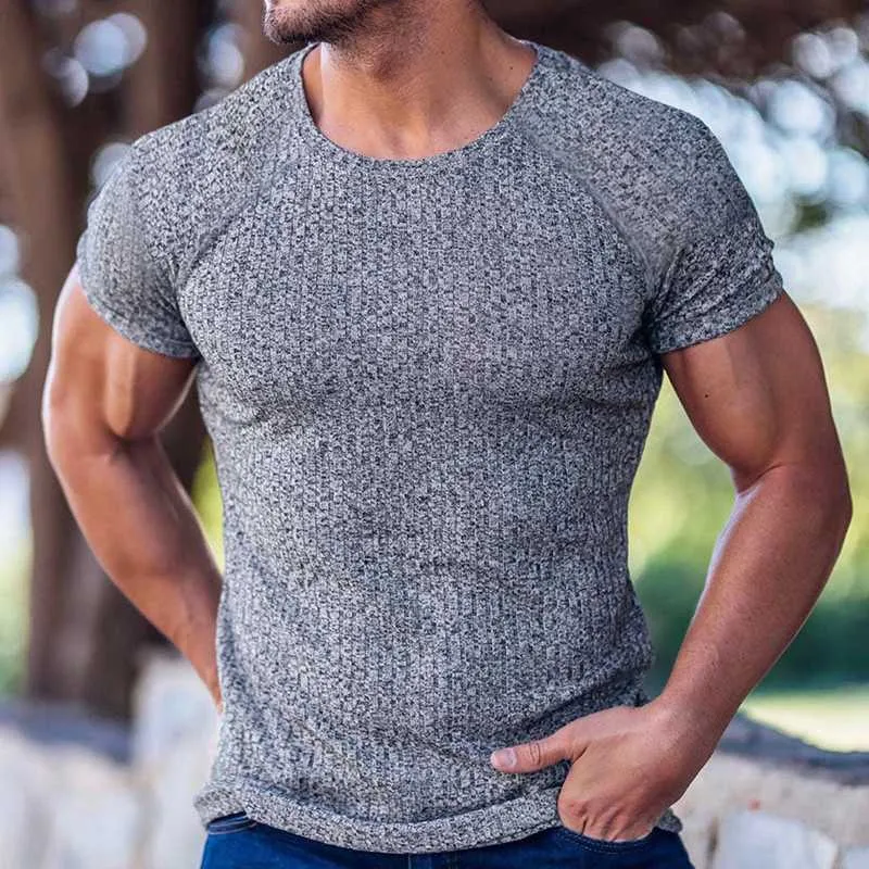 Men's T-Shirts Casual Mens T Shirt Slim Short Sleeve O Neck Solid Color Ribbed Tops Tee 2023 Spring Summer Fashion Simple Sports Basic Pullover L230715