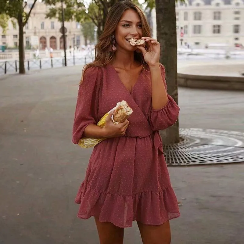 white christmas dresses Pink Split Neck Three Quarter Sleeve Tiered Midi Dress main image 0