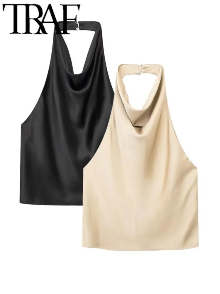 Kostymer traf sommar casual sexig kvinnor tank camisole draperad krage ärmlös rygglös halter skörd topp tunna kvinnliga satin väst y2k vit