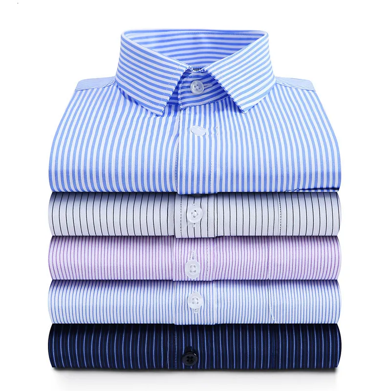 Homens camisetas Camisa de manga comprida Sólida Listrada Camisas de vestido de luxo Primavera Outono Bolso Formal Business Standard Fit Office Social Masculino 230715