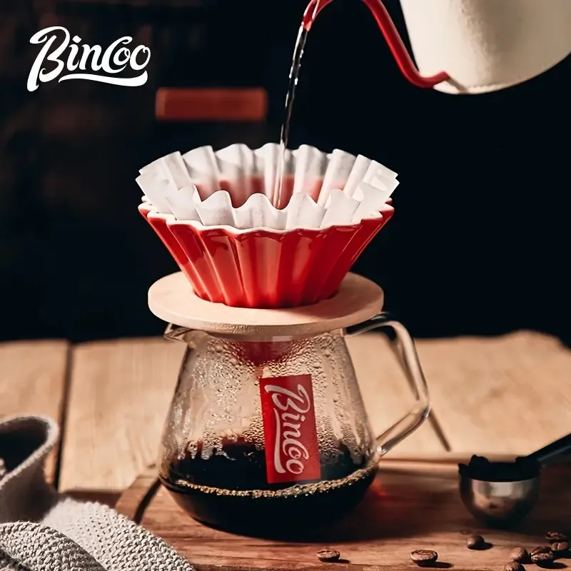 1 pc Bincoo Verser sur cafetière avec goutteur, 400 ml ensemble de serveur de café en verre, goutteur de café en céramique V60 avec support en bois papier filtre pour cadeau de bureau à domicile