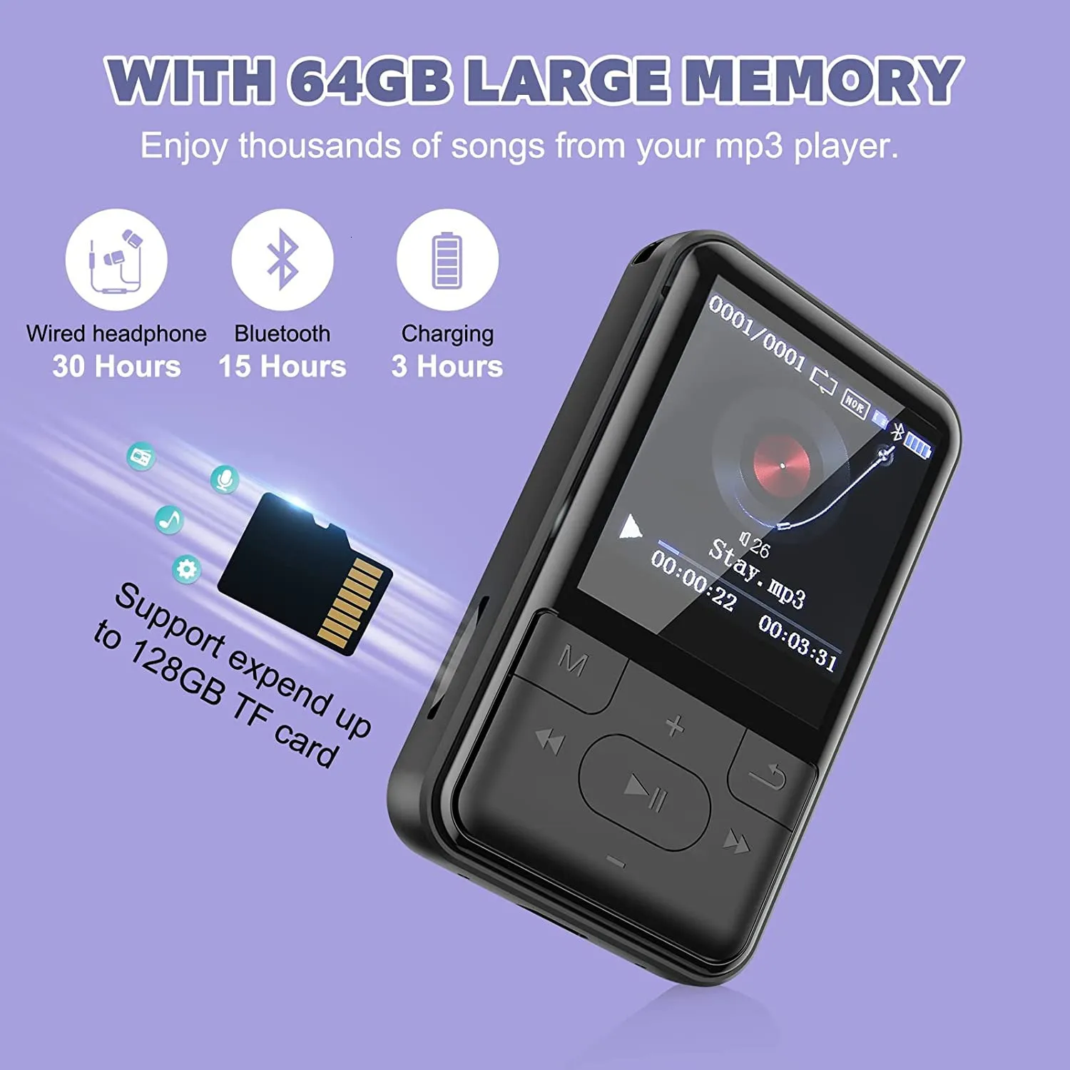 32GB Mp3, Mp4 Player with Bluetooth for Running, Portable Music Player  Built-in Micro SD Card Slot and HD Speaker Support FM Radio Voice Record  Video