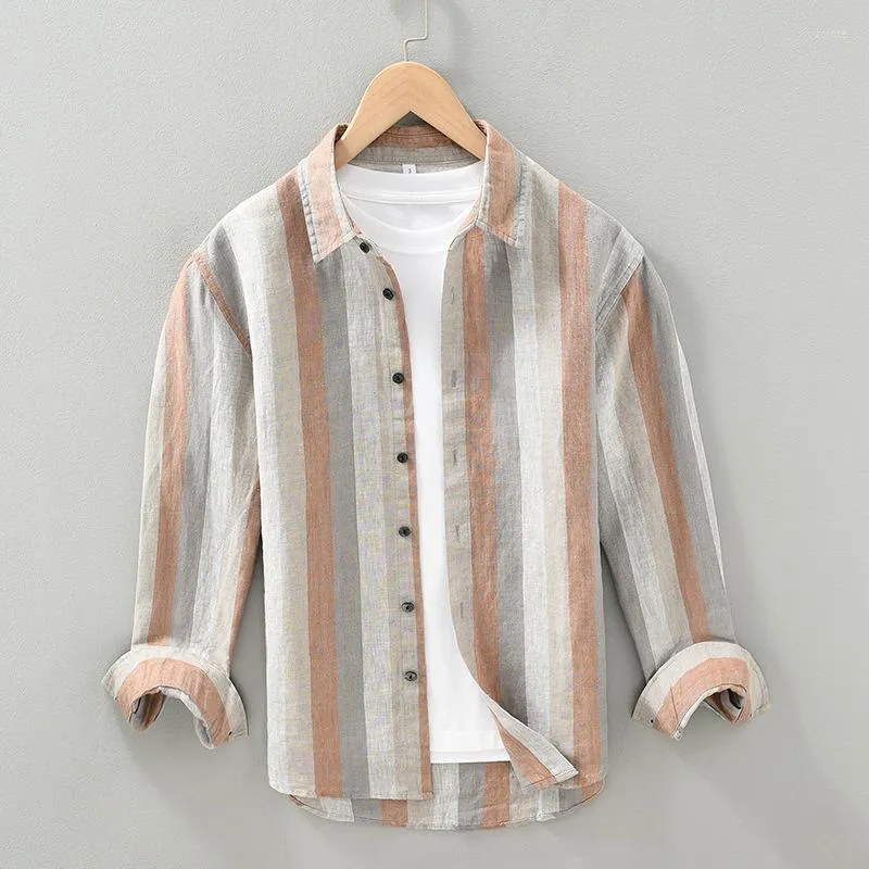 Camisas casuais masculinas de linho manga comprida camisa listrada moda japonesa confortável várias cores para roupas superiores