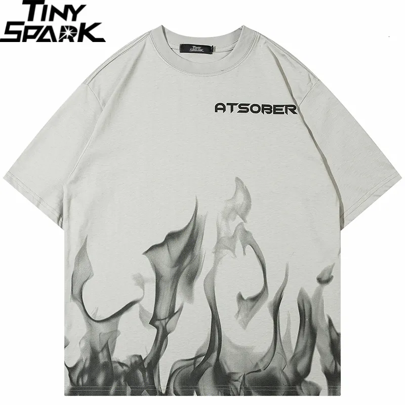 Męskie tshirty męskie streetwear t shirt ogień płomień estetyczny graficzny tshirt harajuku hip hop luźne koszulki duże bawełniane topy szary 230714