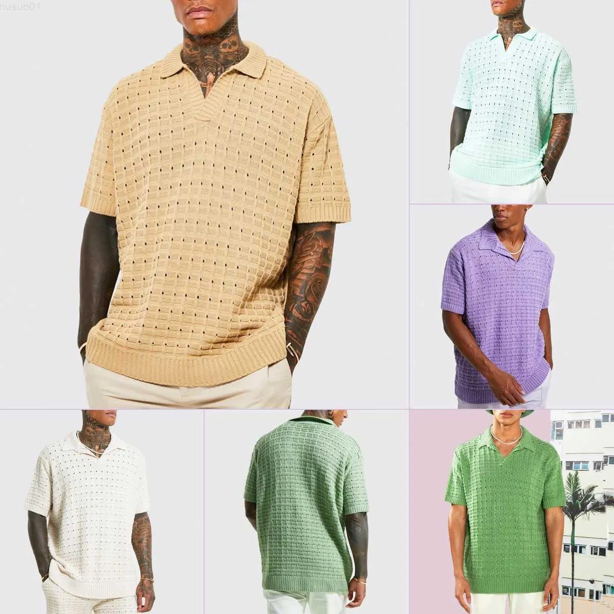 T-shirts Men's Elastic Loose POLO Sweater Knitting Short-sleeved Casual T-shirt Male V-neck Tops Solid Color Polo Shirts L230715