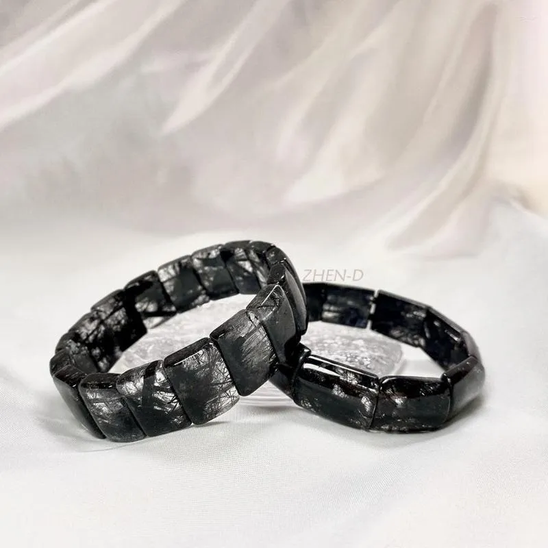 Strand Zhen-D Jewelry Natural Black Tourmaline Quartz Rutilated Gemstone Beads 팔찌 Cool Special Healing Giper Man Woman Couple