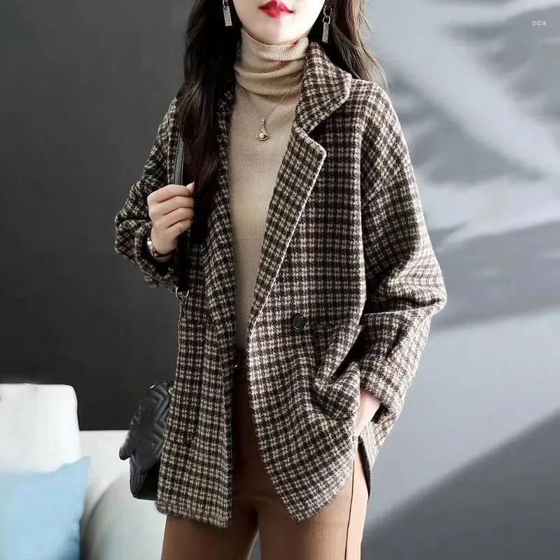 Женские костюмы клетчатые шерстяные костюмы Женская куртка осень зима 2023 модное корейское пиджак.