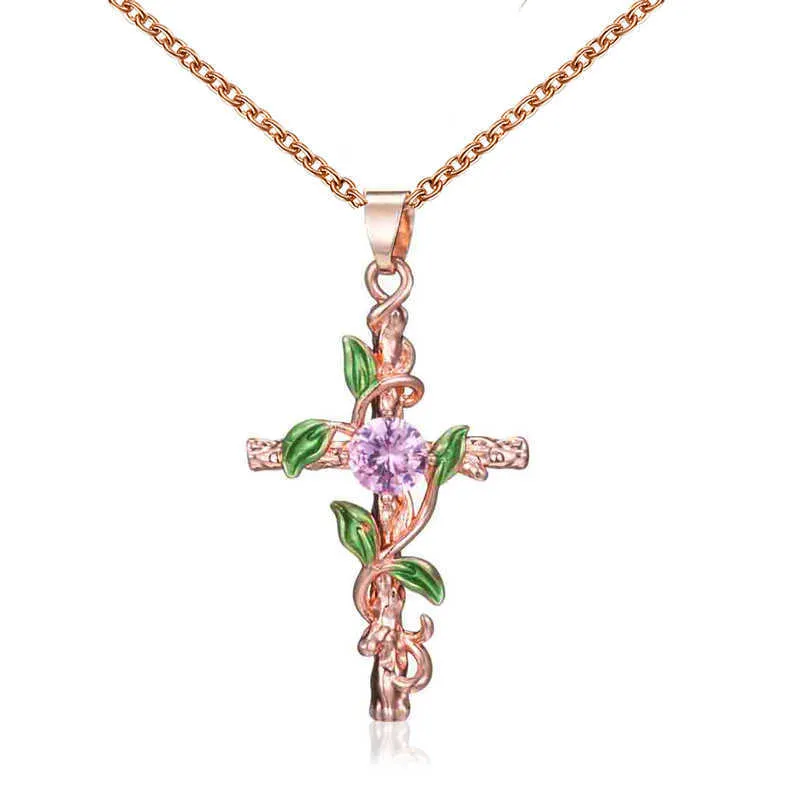 Dainty Colorful Cubic Zirconia Flower Wrapped Cross Pendant Necklace New Creative Leaves Women's Accessories Rose Gold Eesthetic Collar For Women Partihandel