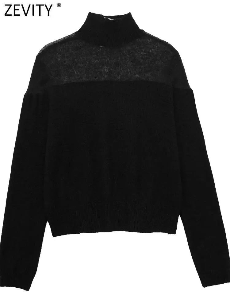 Manteaux Zevity nouvelles femmes mode translucide épissage mince tricot pull femme col roulé automne noir pulls hauts Sw2732