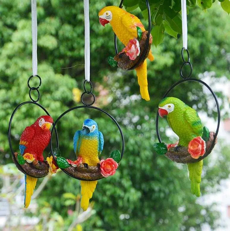 Trädgårdsdekorationer Courtyard Simulation Birds Iron Ring Parrot Harts Tillbehör Utomhus Garden Tree Sculpture Decoration Villa Park Artwork Crafts L230715