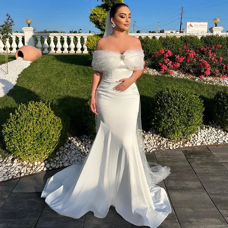 Elegant Mermaid Wedding Dresses Off The Shoulder Pearls Bridal Dress Boho White Bride Reception Gowns 326 326