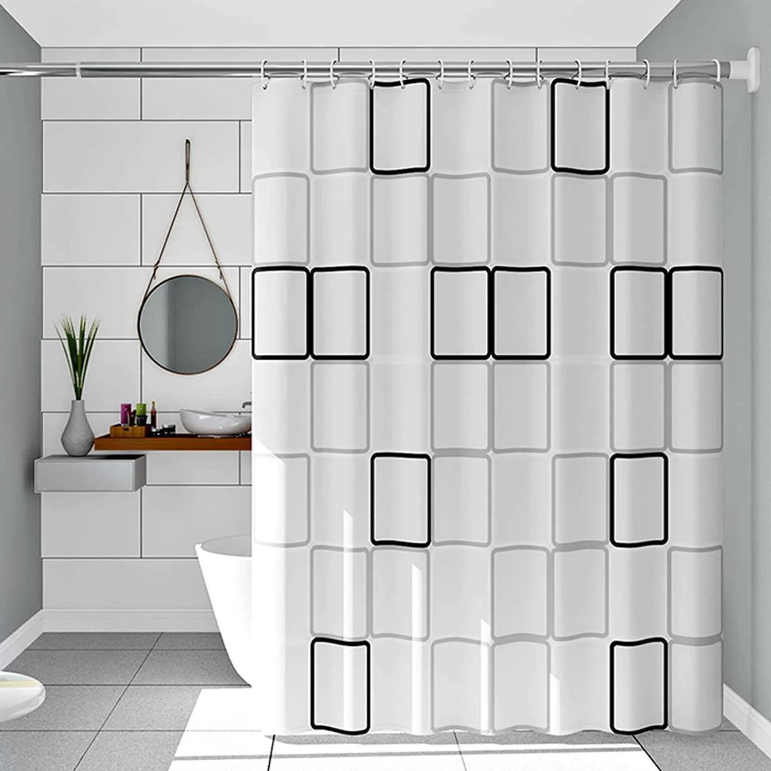 Cortinas de chuveiro recém-impermeáveis, forro de cortina de chuveiro peva, design quadrado grande, cortina de banho com acessórios de banheiro