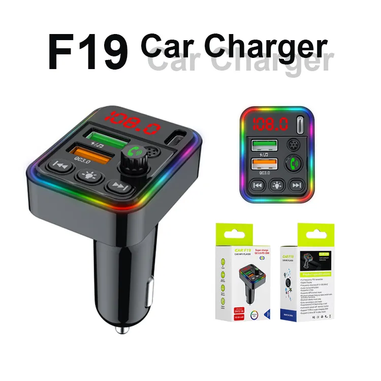 F19 FM Sändarebil Snabbladdare Dual USB Type C Fast Charging Bluetooth Car Kits Audio Mp3 Spelare med automatisk Power Off Memory -funktion i detaljhandeln