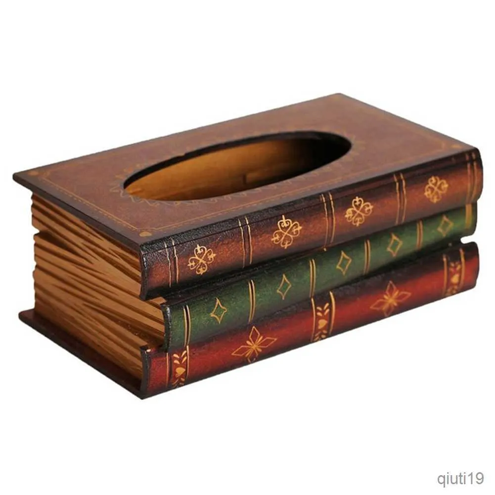 Boîtes à mouchoirs Serviettes Rétro Bois Livre Forme Boîte à Mouchoirs Rectangle Serviette Porte-Papier Mallette De Rangement Mallette De Rangement Porte-Mouchoirs Conteneur Décor À La Maison R230715