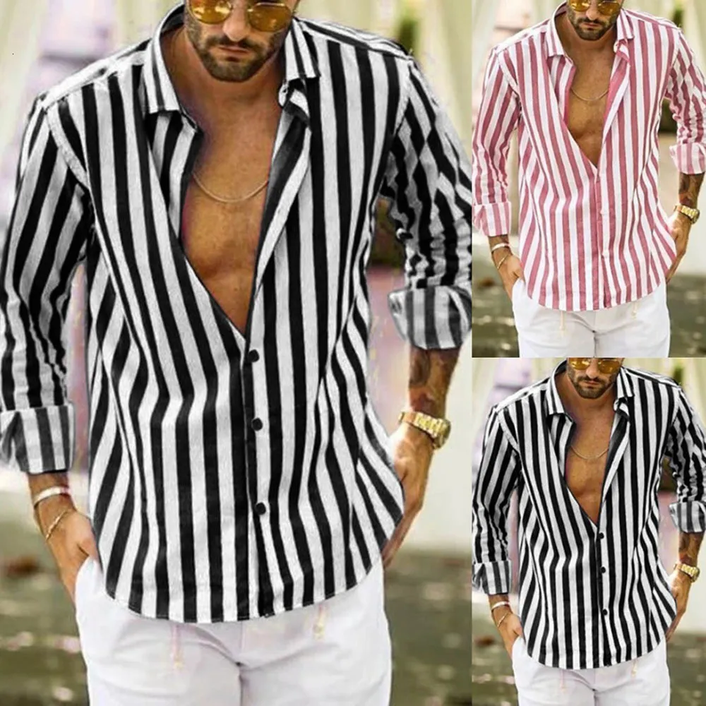 Mannen Trainingspakken Man Zwart Wit Gestreepte Print Losse Blouse Tops Zomer Toevallige Mannelijke Turn Down Kraag Lange Mouw Knop OL Shirts 230714