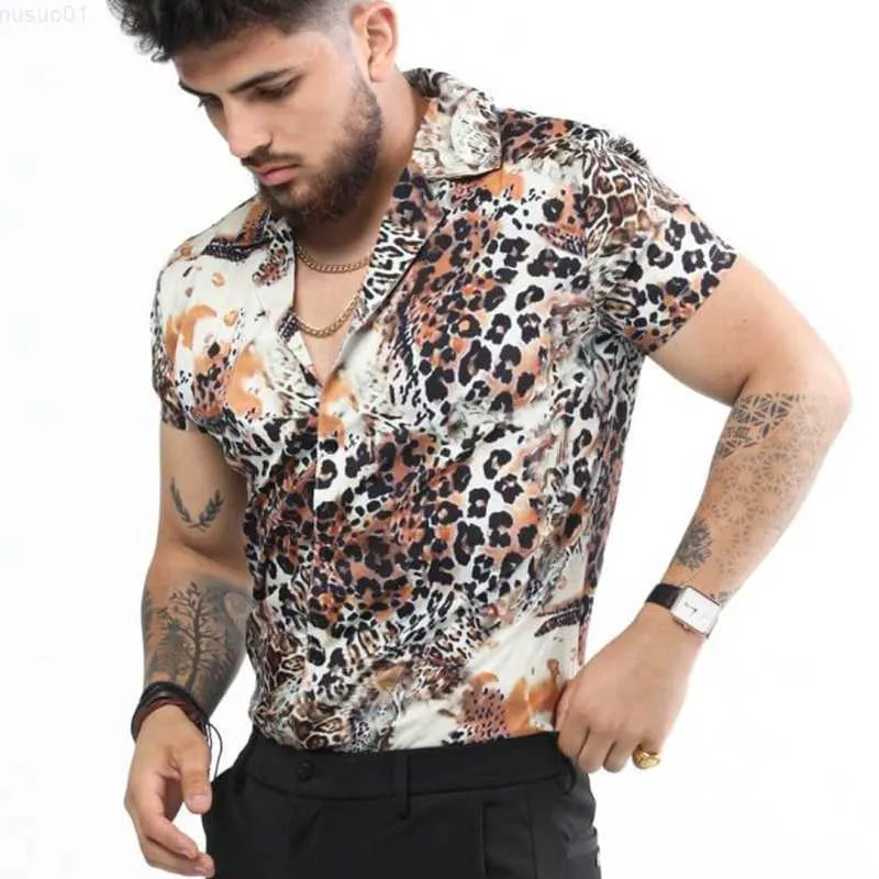 Men's Casual Shirts New Casual Slim Button Lapel Short Sleeve Shirts Men Vintage Leopard Print Shirt 2023 Spring Summer Fashion Men's Tops Clothing L230715