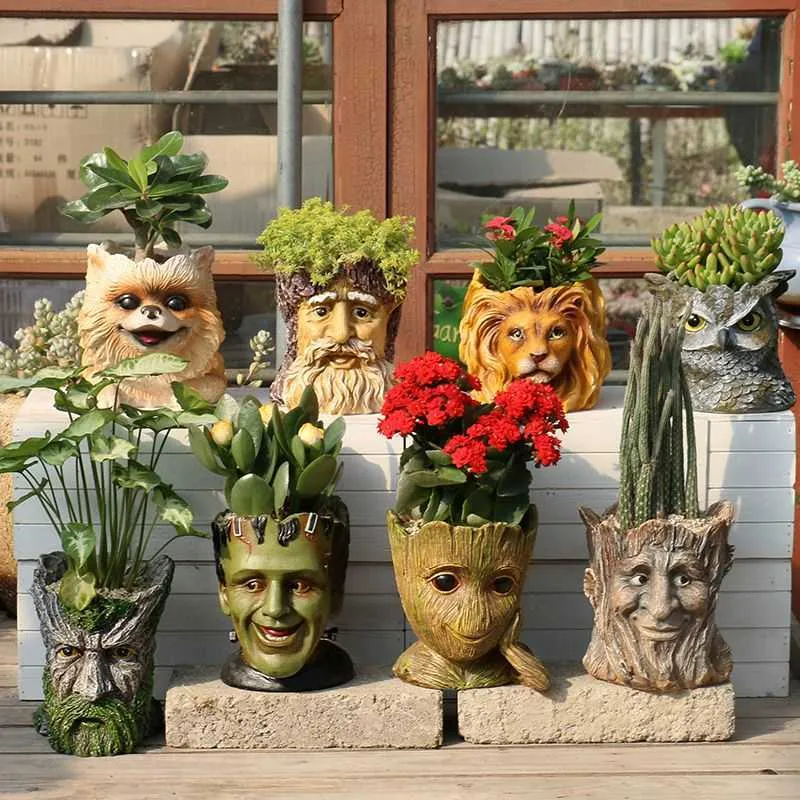 Planters Pots Pastoral Human Face Lion Dog Animal Heads Resin Flowerpot Outdoor Garden Balcony Figurines Crafts Courtyard Park Sculpture Decor L230715