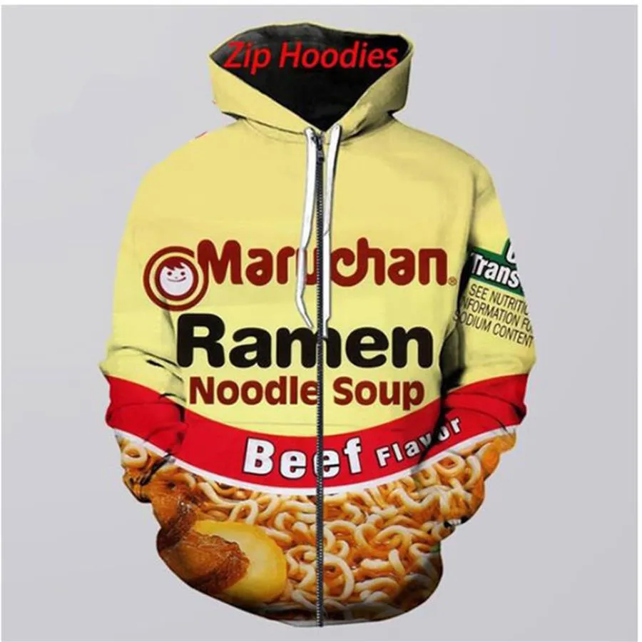 Ramen nudel nötkött 3d tryck kausalkläder nya mode män kvinnor dragkedja hoodies hk04269s