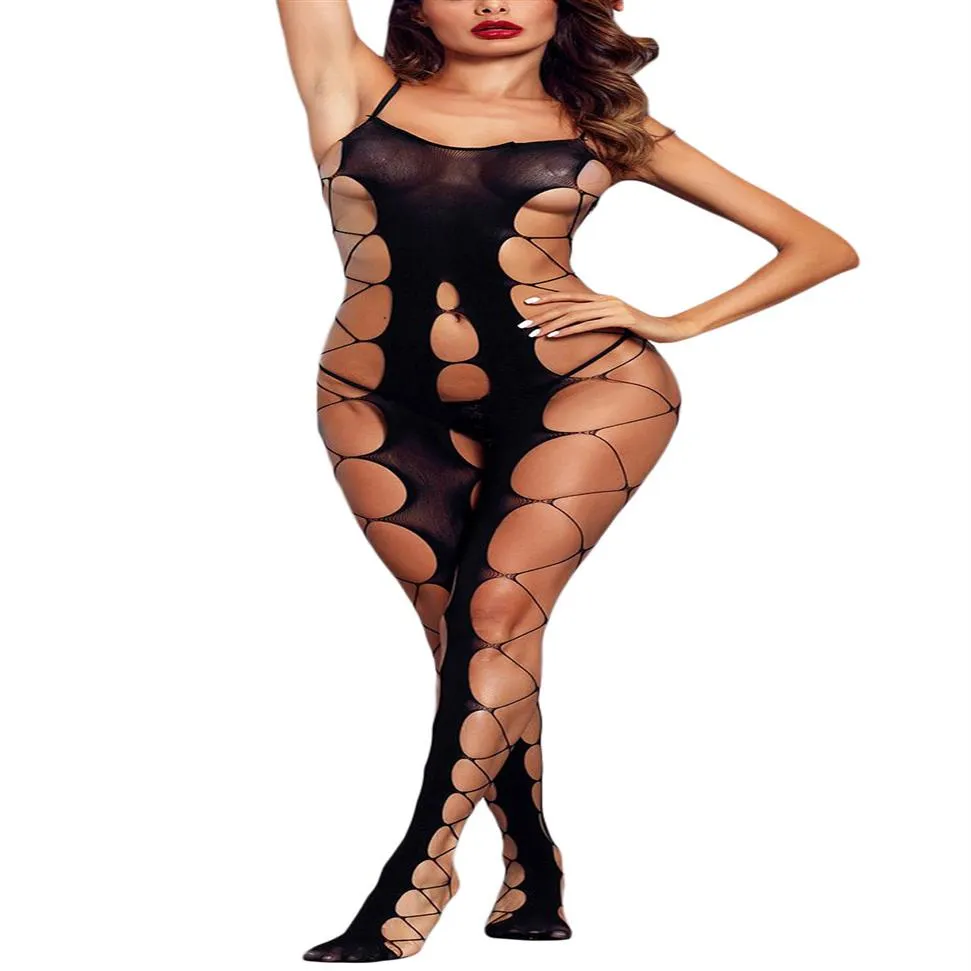 Vrouwen Sexy Visnet Grote Gaten Open Kruis Bodystocking Uitgeholde Spaghettibandjes Backless Een Stuk Teddybeer Lingerie Exotische Ap213g